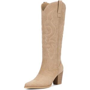 Women Khaki Suede Western Knee High Side Zipper Pointed Toe Block Heel Boot